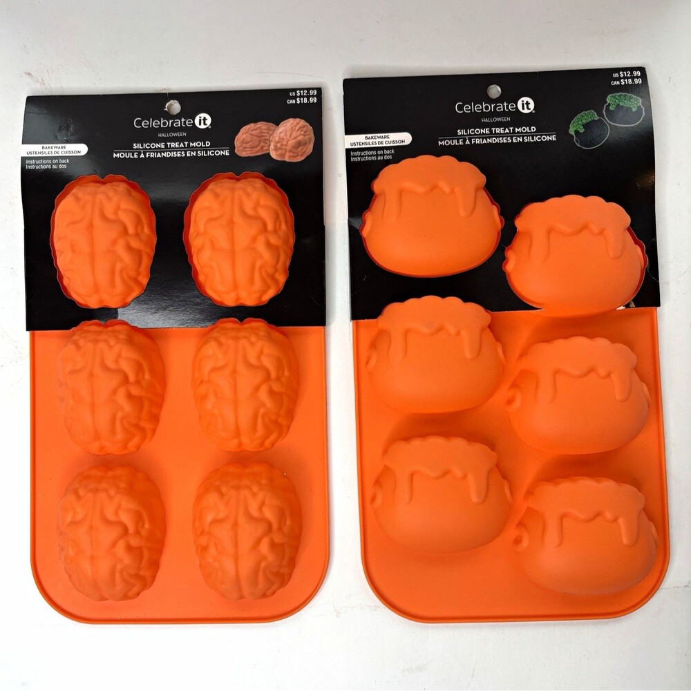 New Celebrate It Halloween Orange Silicone Treat Mold Brain & Cauldron Oven Safe